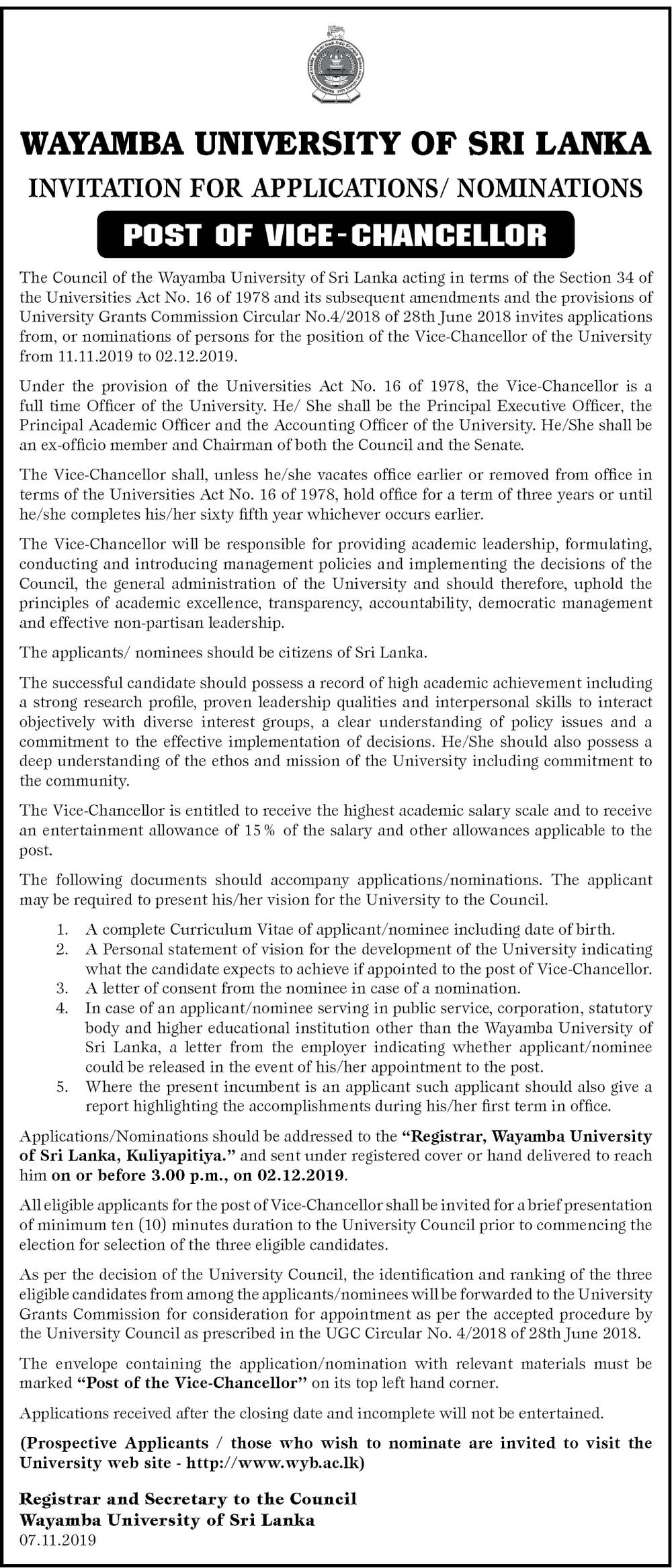 Vice Chancellor - Wayamba University of Sri Lanka