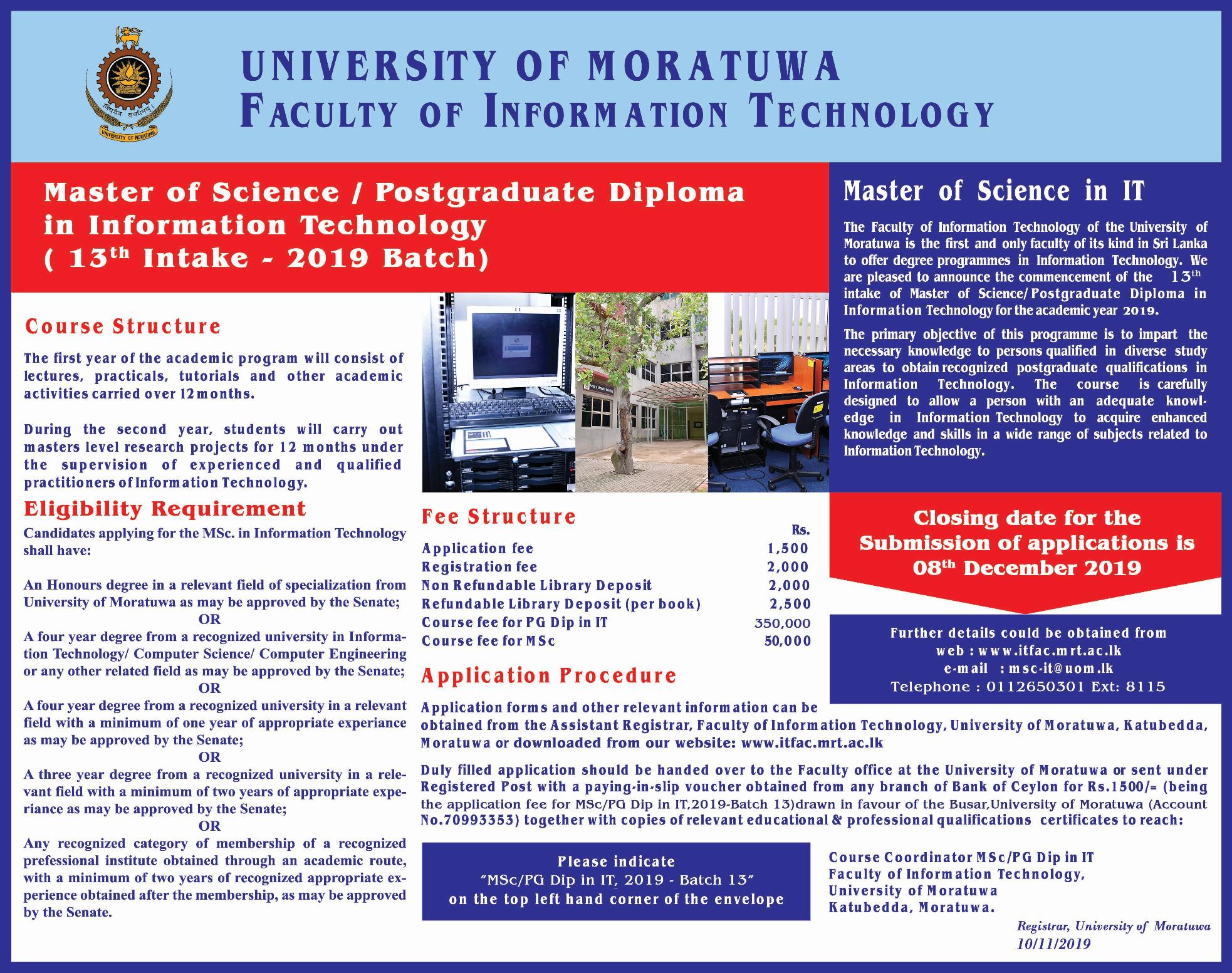 Master of Science / Postgraduate Diploma in Information Technology - Faculty of Information Technology - University of Moratuwa