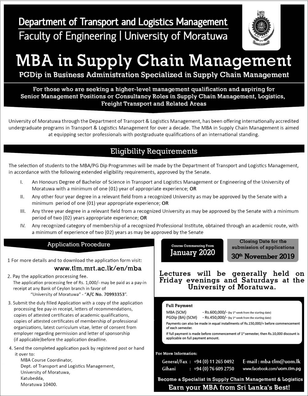 MBA in Supply Chain Management - Department of Transport & Logistics Management - University of Moratuwa