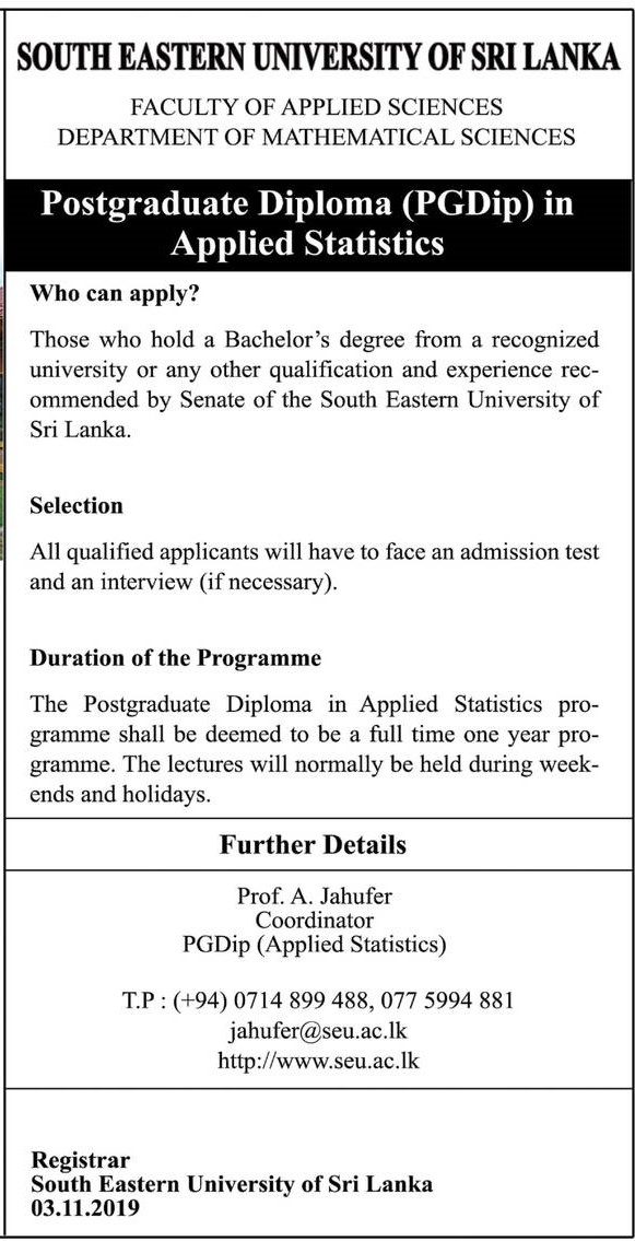 Postgraduate Diploma (PGDip) in Applied Statistics - Department of Mathematical Sciences - South Eastern University of Sri Lanka