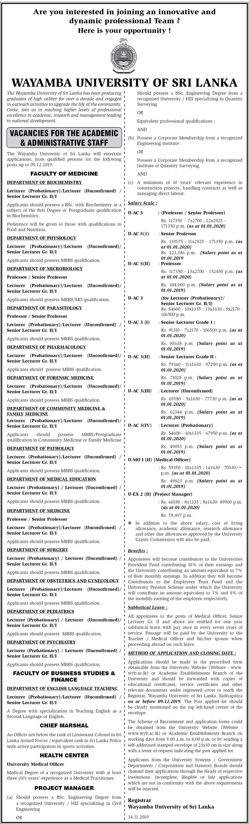 Project Manager, Medical Officer, Senior Lecturer, Lecturer, Senior Professor, Professor - Wayamba University