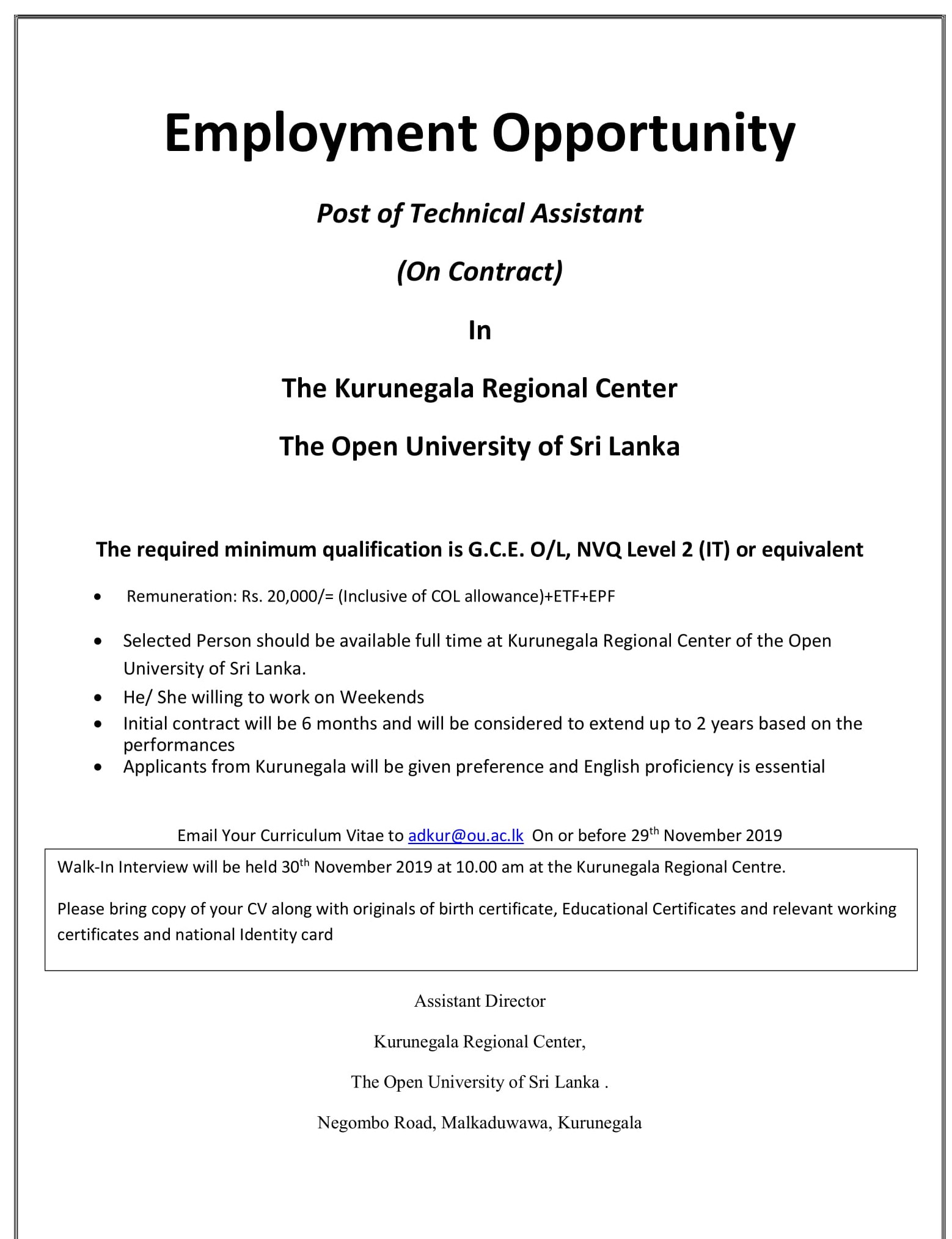 Technical Assistant, Project Assistant - The Open University of Sri Lanka