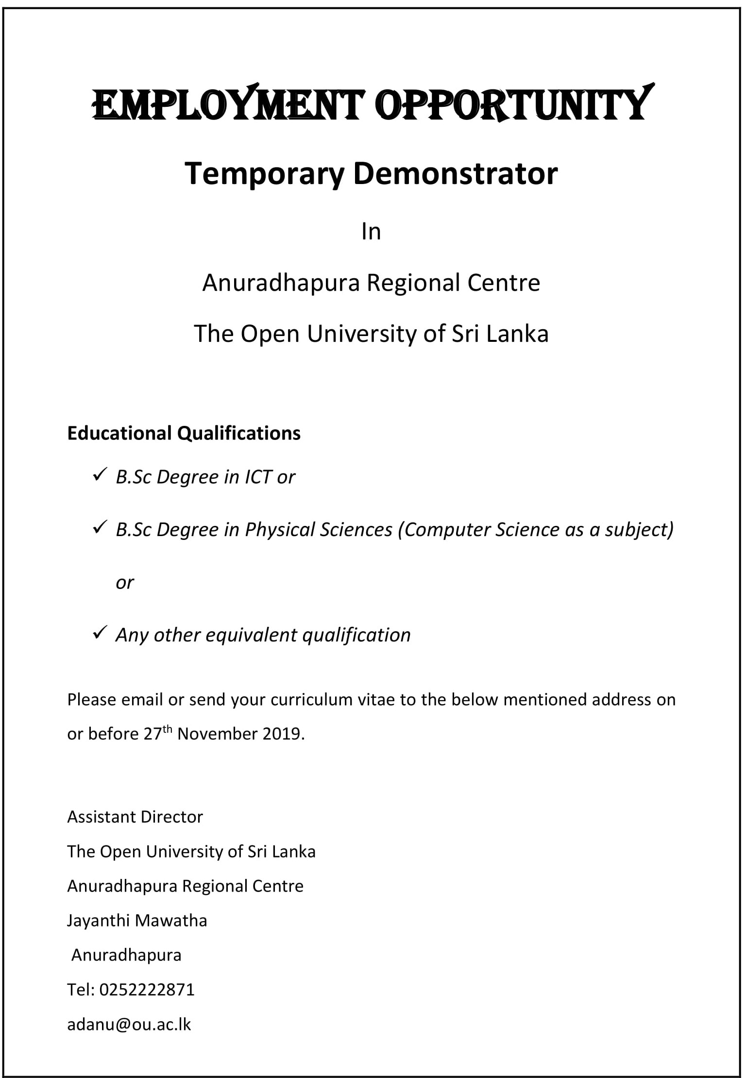 Demonstrator - The Open University of Sri Lanka