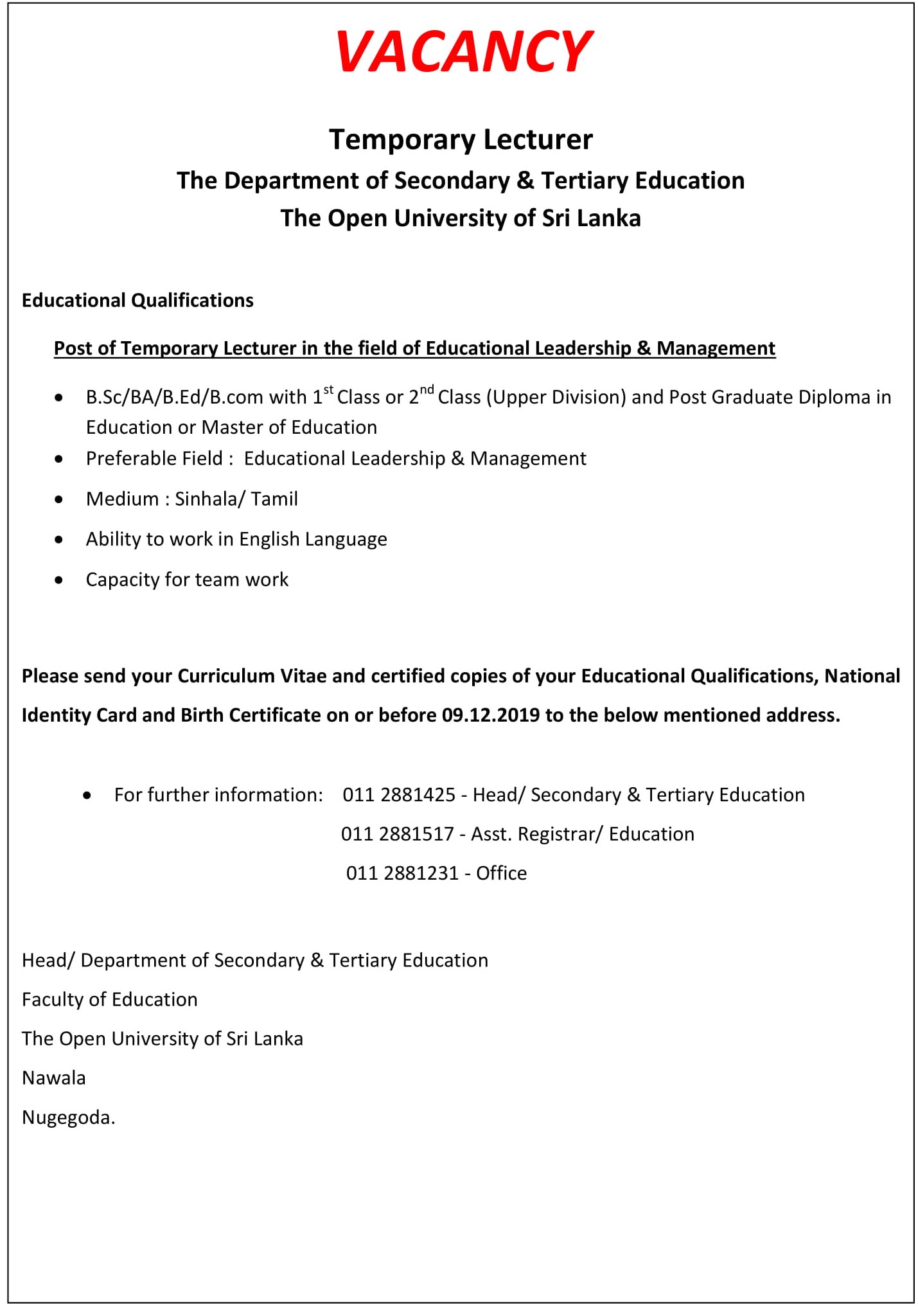 Lecturer - The Open University of Sri Lanka