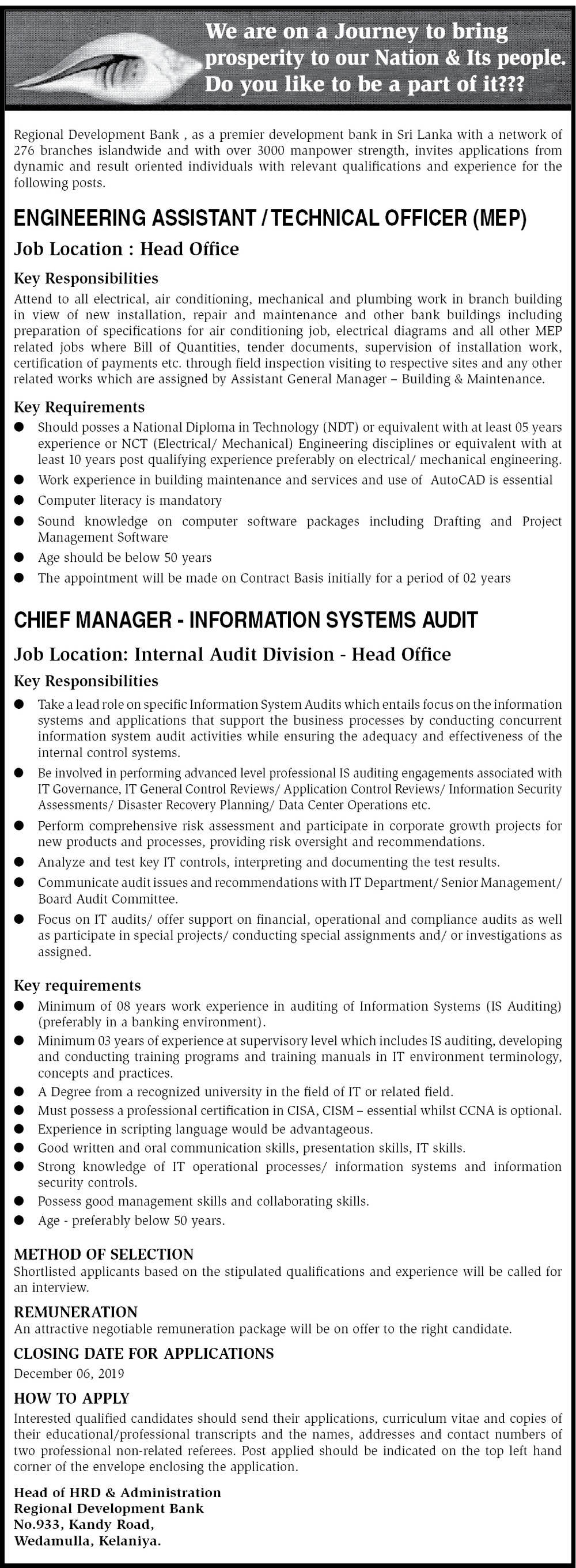 Engineering Assistant/Technical Officer, Chief Manager - Regional Development Bank
