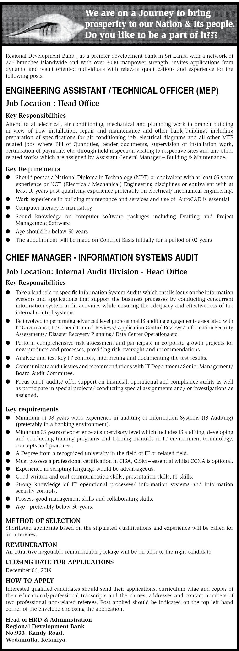 Engineering Assistant/Technical Officer, Chief Manager - Regional Development Bank