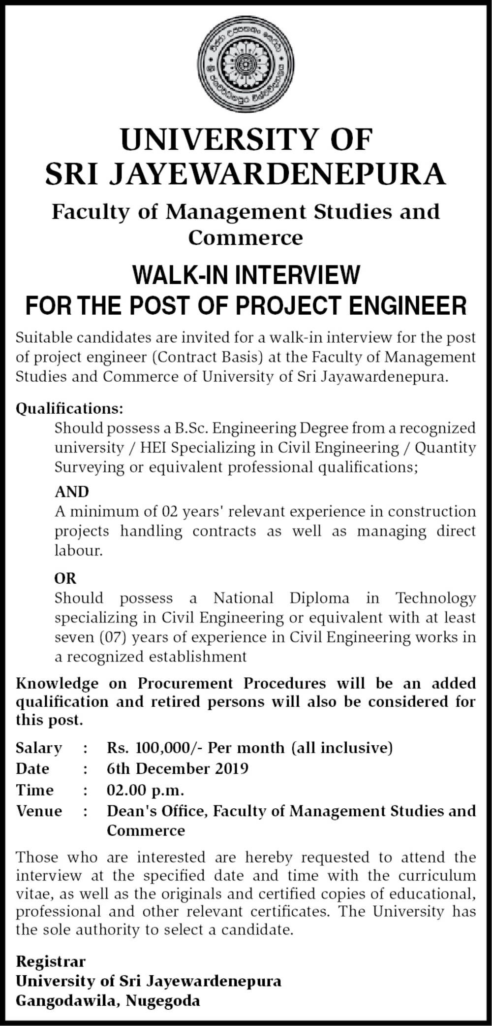 Project Engineer - University of Sri Jayewardenepura