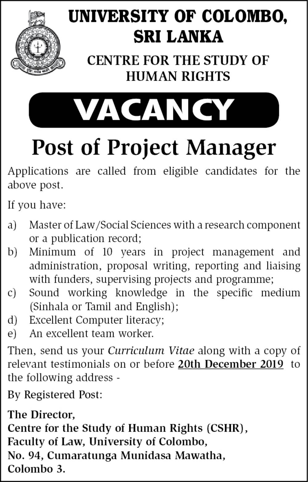 Project Manager - University of Colombo