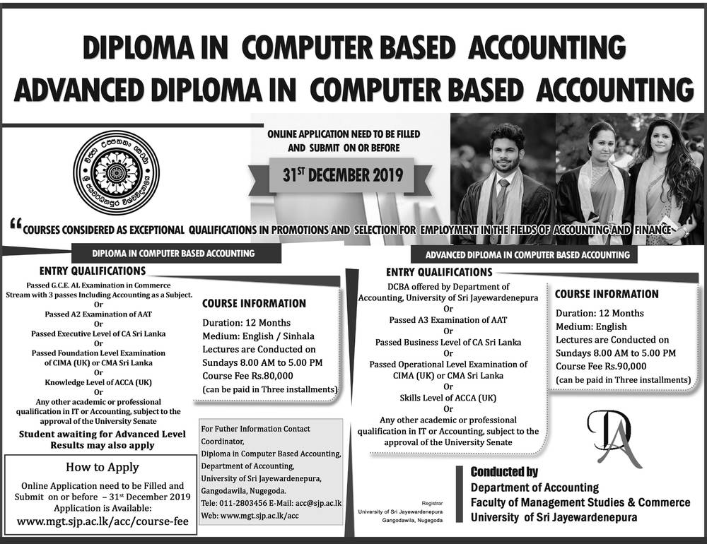 Diploma in Computer Based Accounting, Advanced Diploma in Computer Based Accounting - Department of Accounting - University of Sri Jayewardenepura