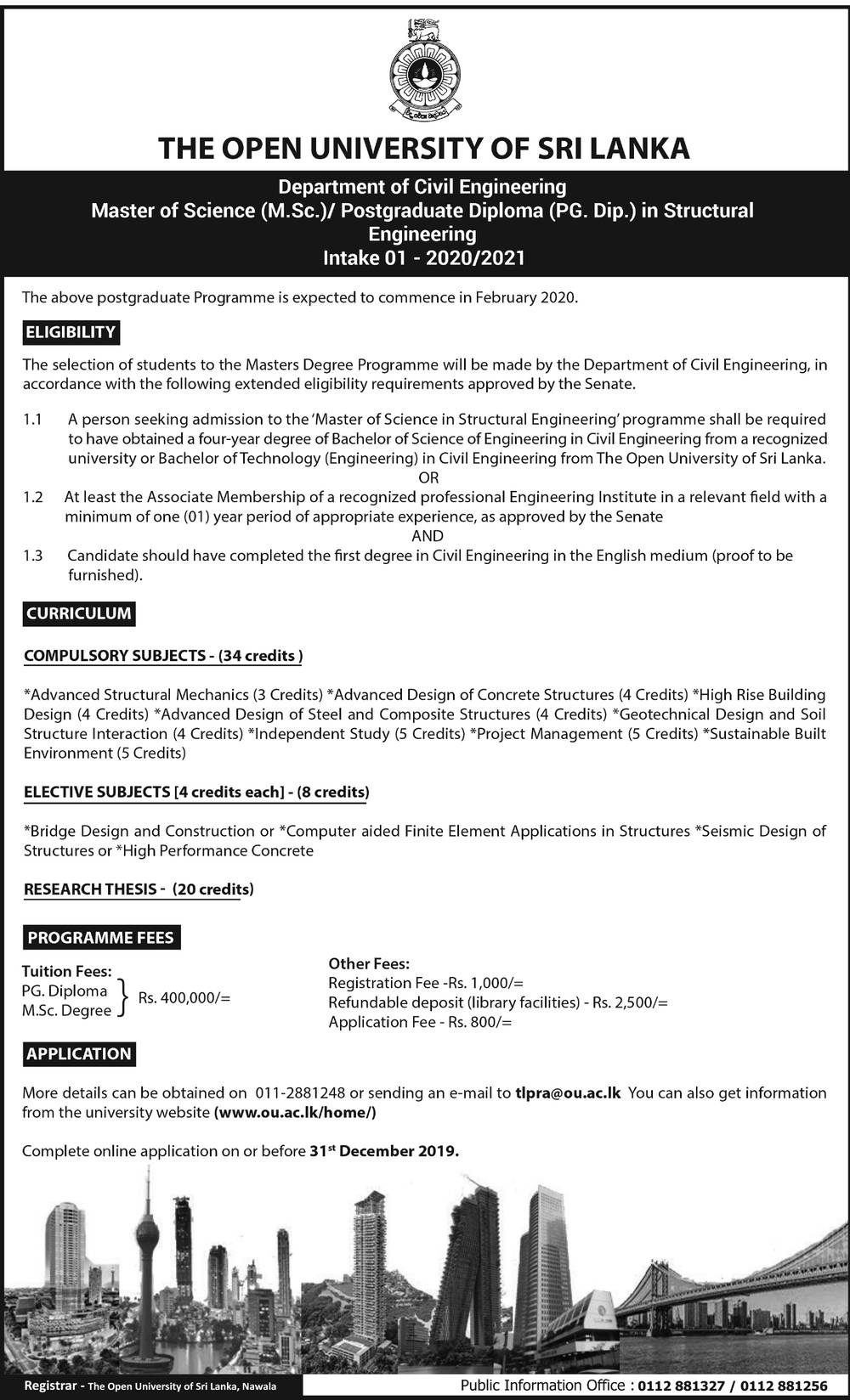 Master of Science (M.Sc.) / Postgraduate Diploma (PG.Dip.) in Structural Engineering - Department of Civil Engineering - The Open University of Sri Lanka