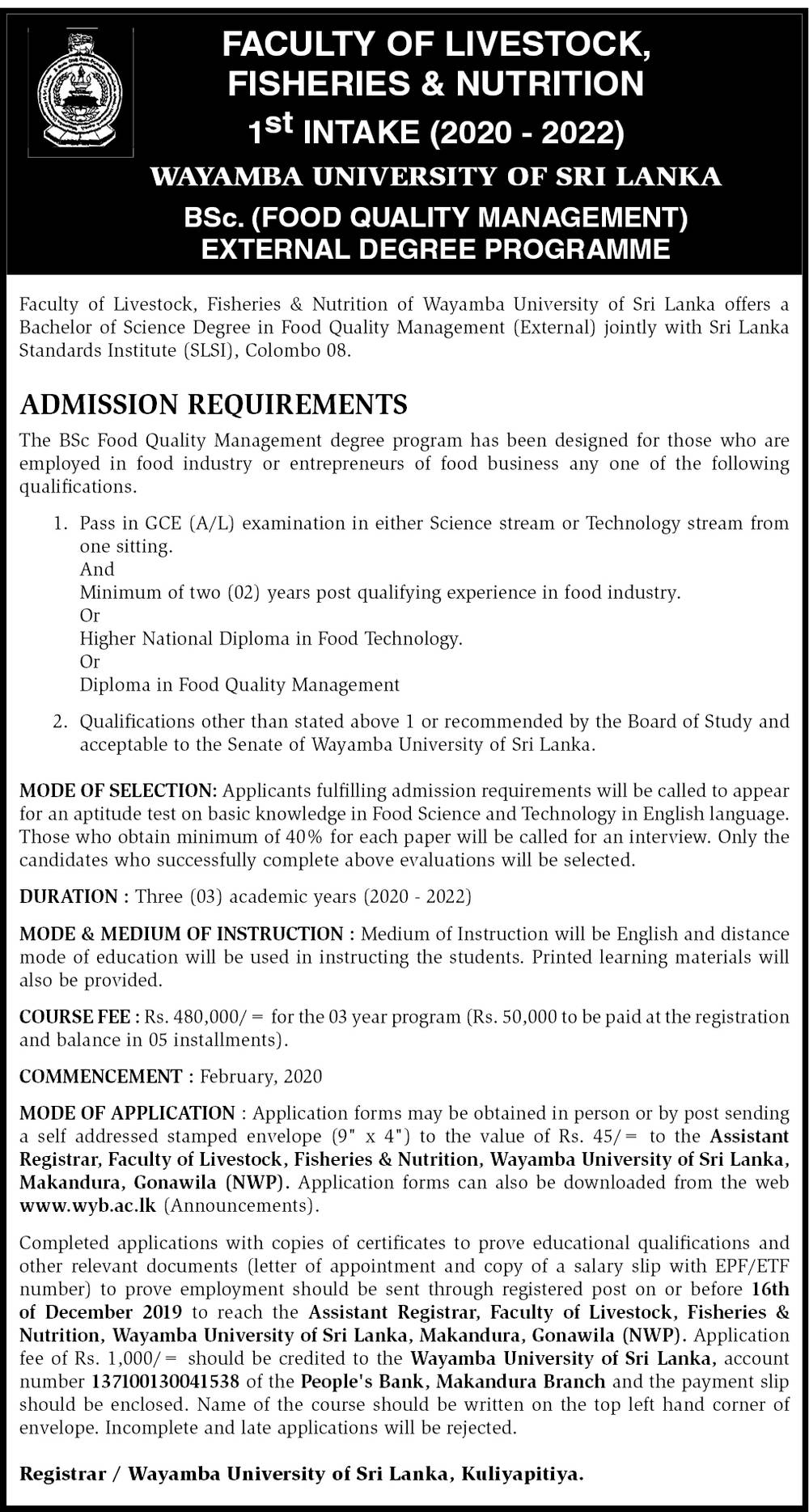 BSc. (Food Quality Management) External Degree Programme - Faculty of Livestock Fisheries & Nutrition - Wayamba University of Sri Lanka 