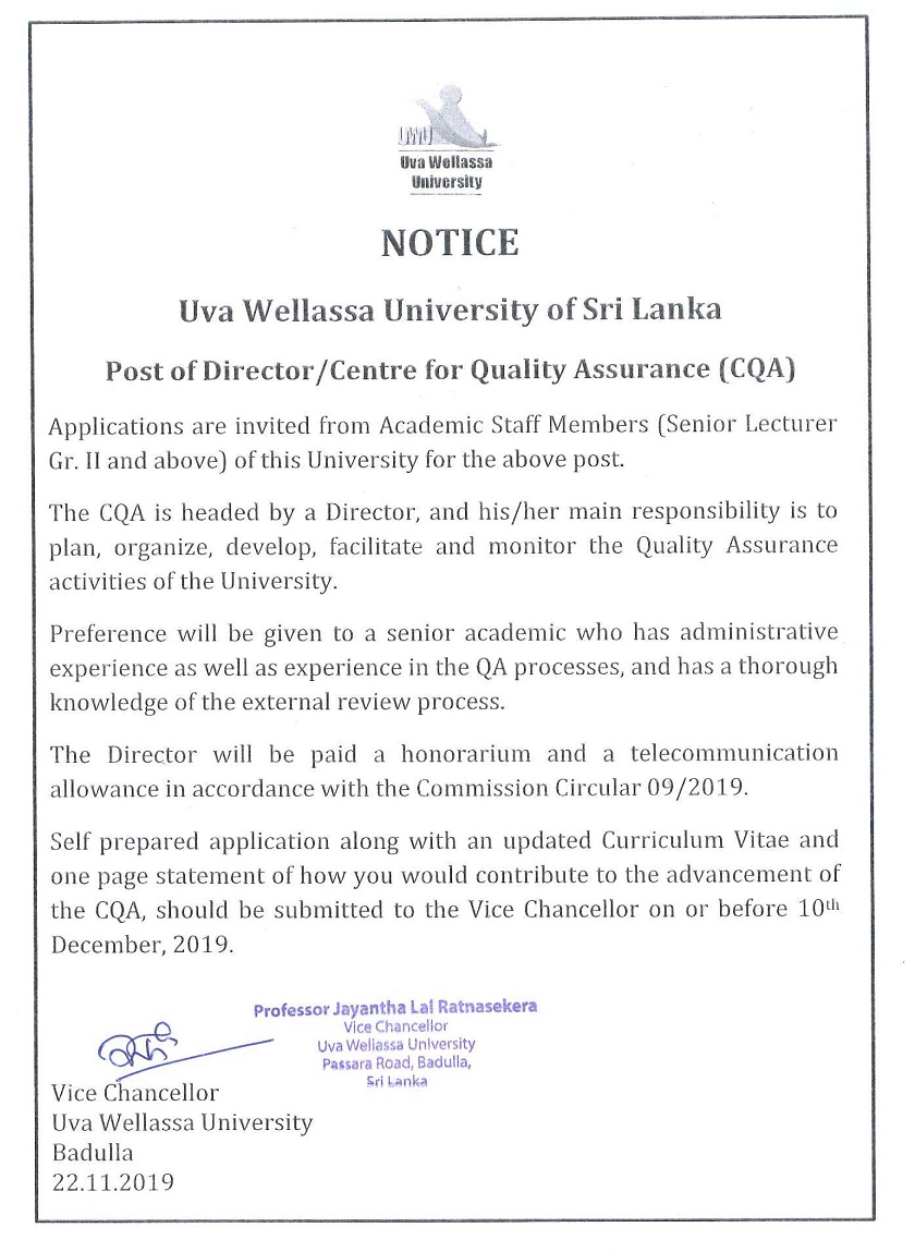 Director - Uva Wellassa University of Sri Lanka