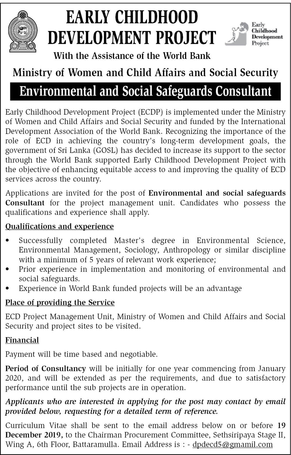 Environmental & Social Safeguards Consultant - Ministry of Women & Child Affairs and Social Security