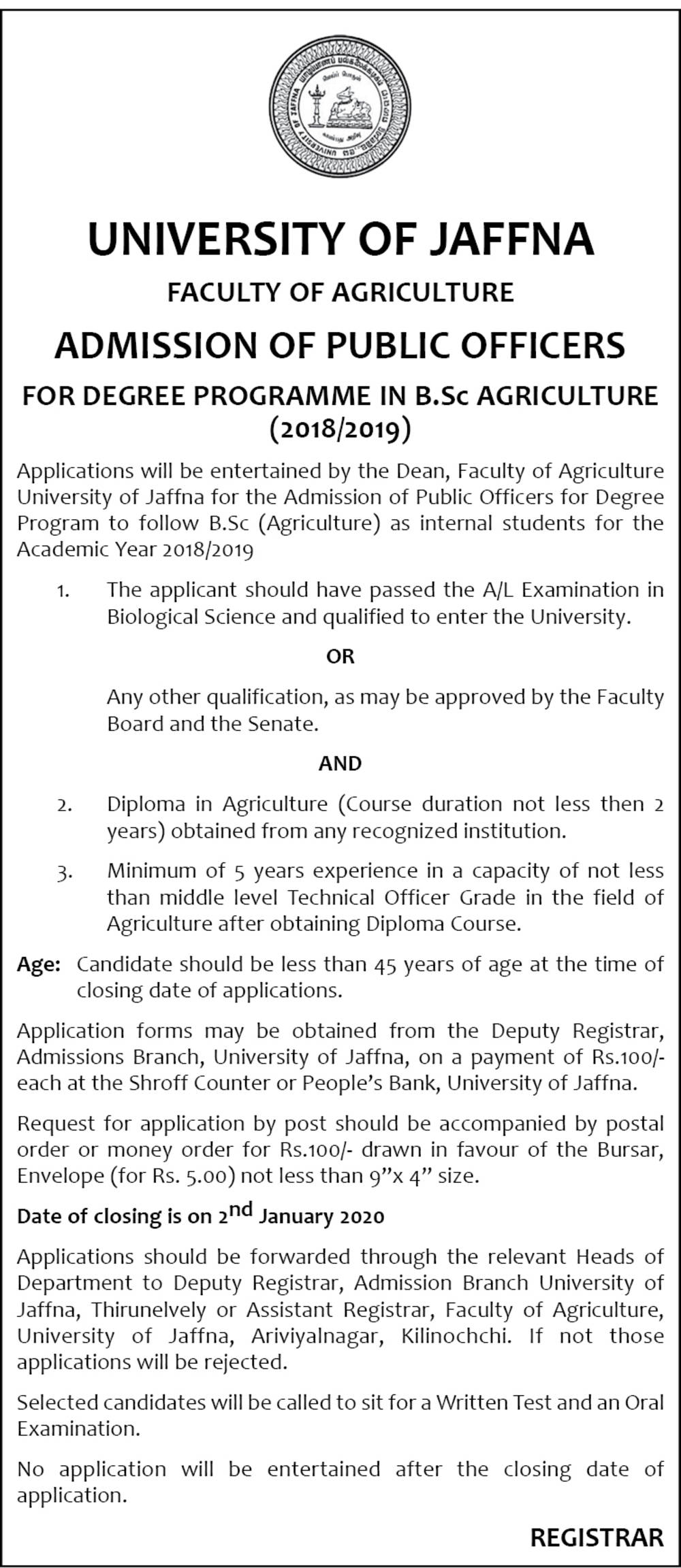 Degree Programme in B.Sc Agriculture - Faculty of Agriculture - University of Jaffna