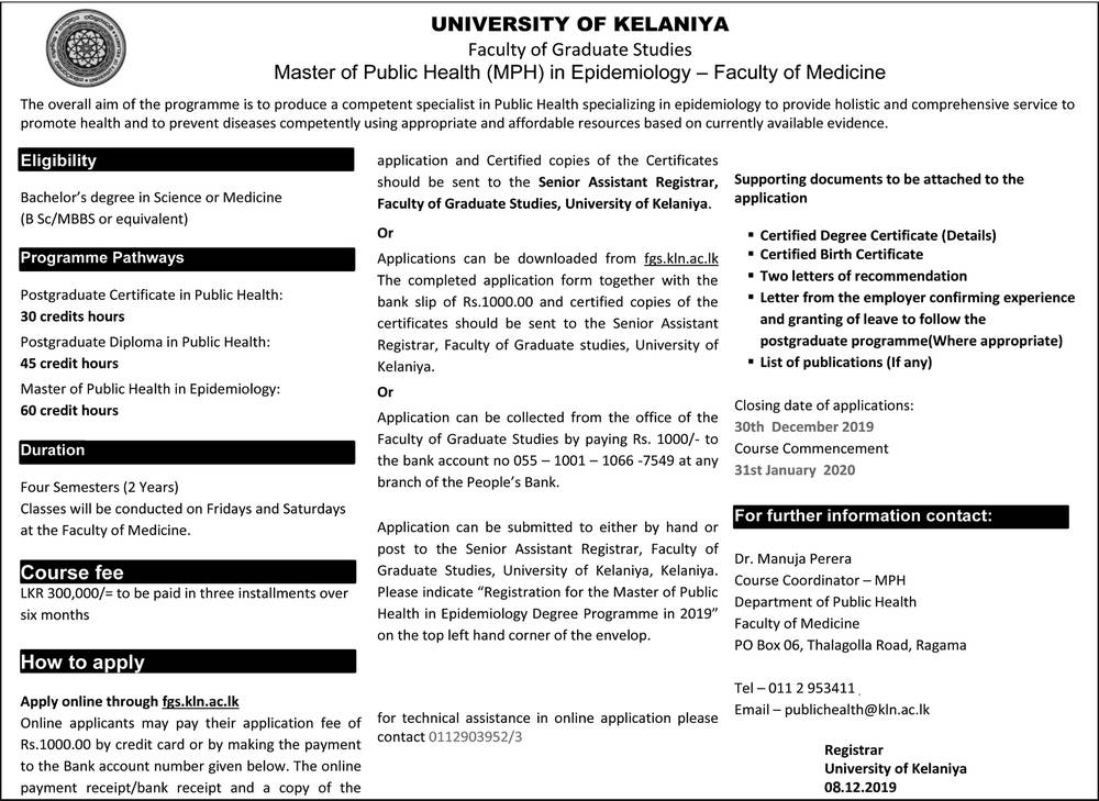 Master of Public Health (MPH) in Epidemiology - University of Kelaniya