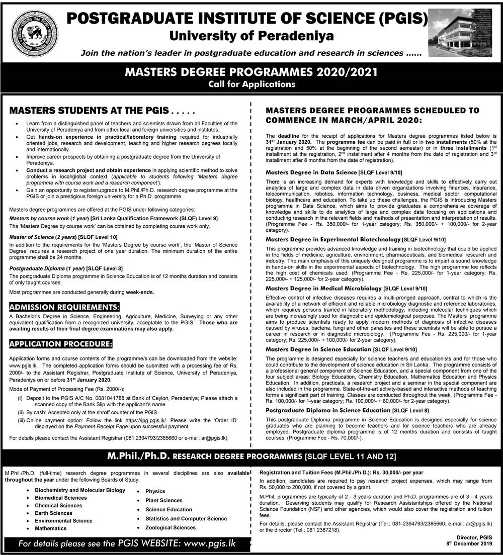 Masterâ€™s Degree Progammes, M.Phil/Ph.D. Research Degree Programmes - University of Peradeniya