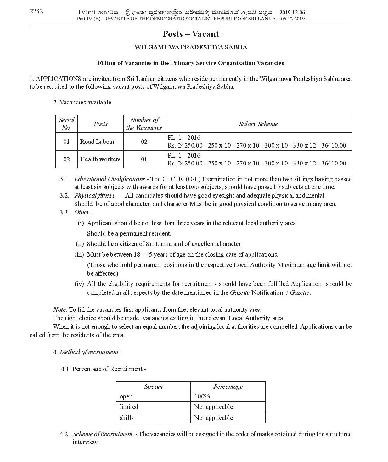 Road Labour, Health Worker - Wilgamuwa Pradeshiya Sabha