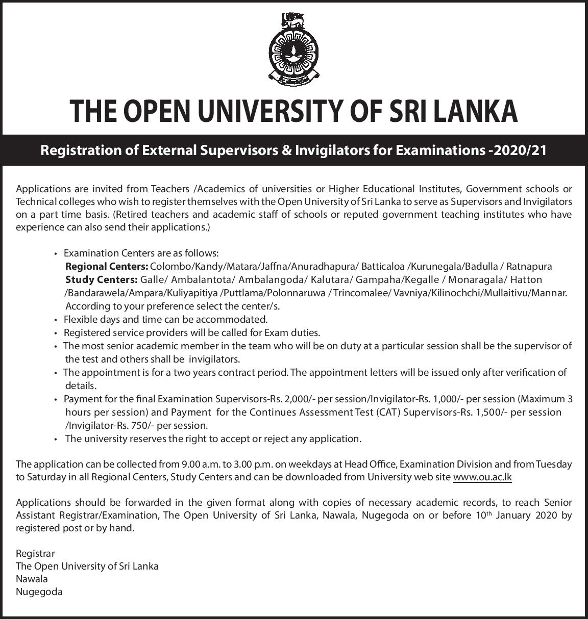 External Supervisors & Invigilators - The Open university of Sri Lanka