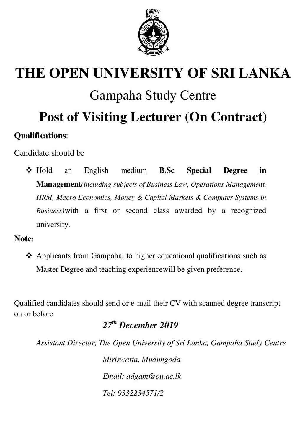 Visiting Lecturer - The Open University of Sri Lanka