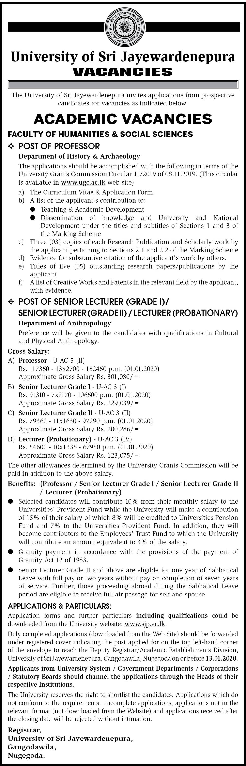 Professor, Senior Lecturer, Lecturer - University of Sri Jayewardenepura