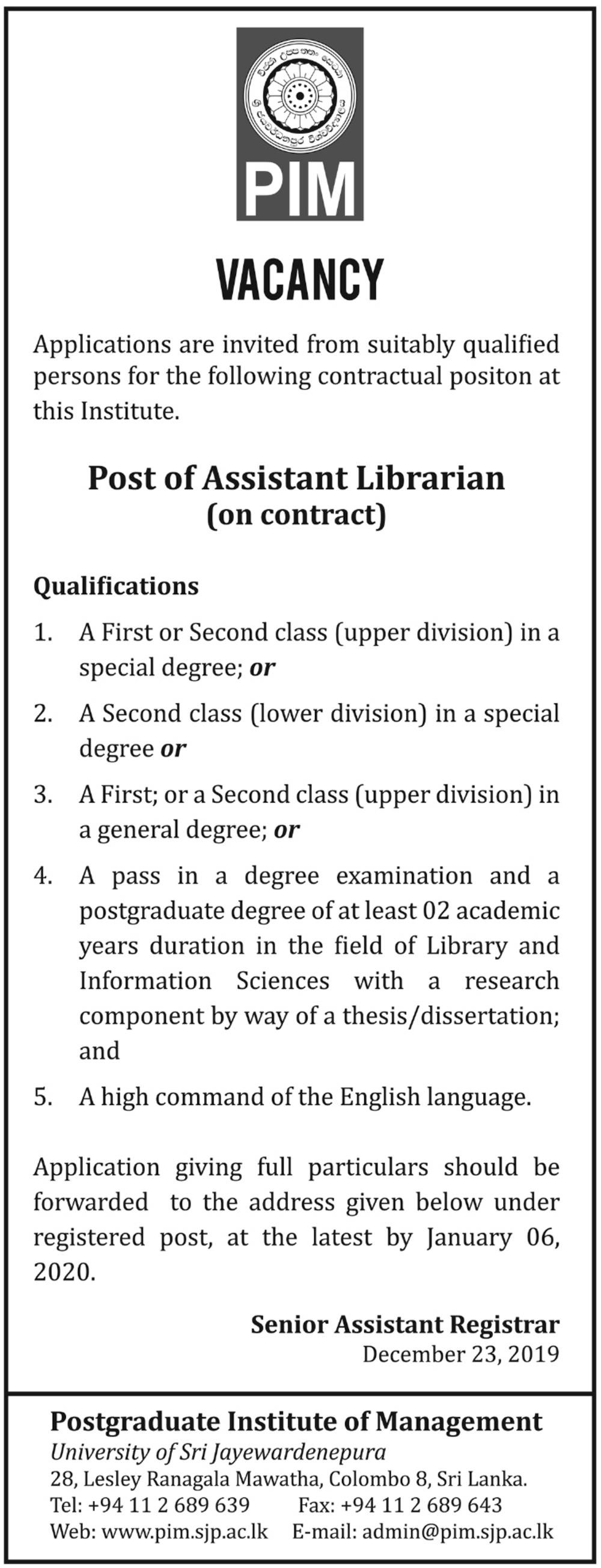 Assistant Librarian - University of Sri Jayewardenepura