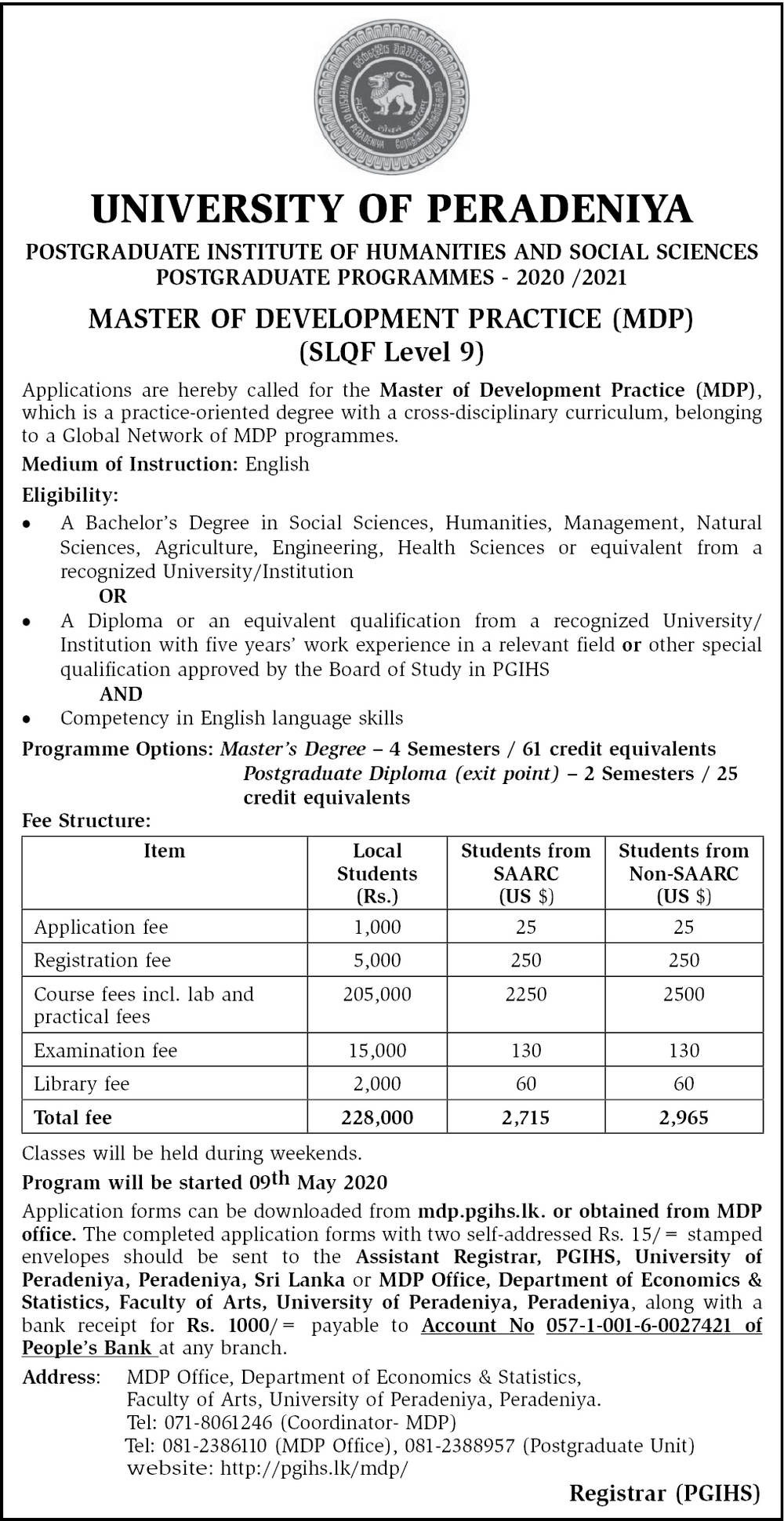 Master of Development Practice (MDP) - University of Peradeniya