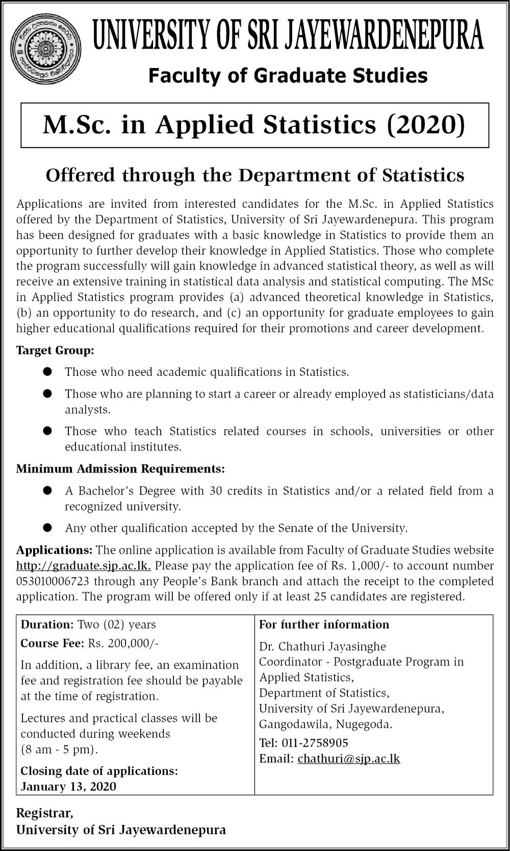 M.Sc. in Applied Statistic - Faculty of Graduate Studies - University of Sri Jayewardenepura