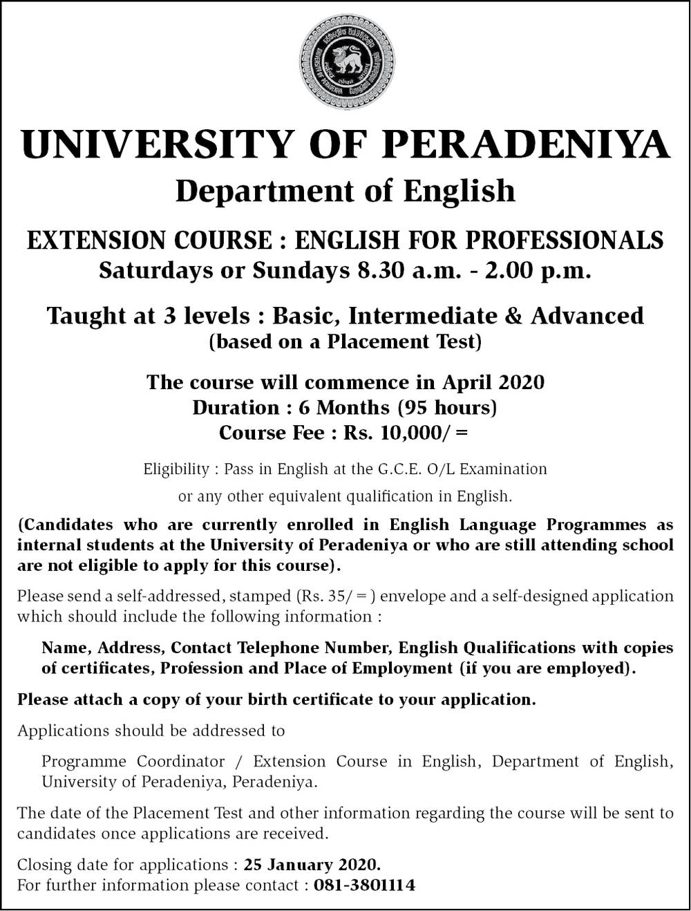 Extension Course (English for Professionals) - Department of English - University of Peradeniya