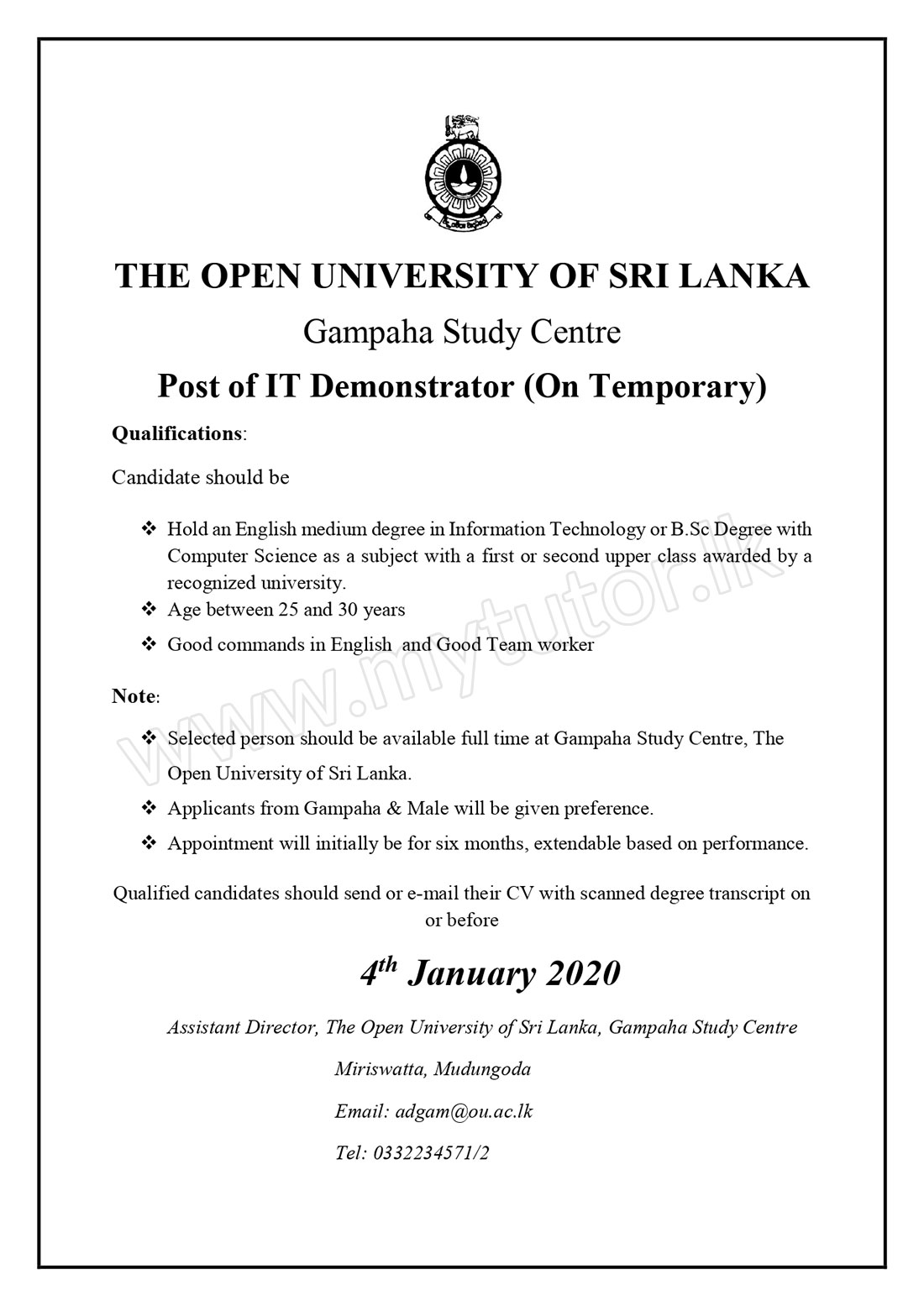 IT Demonstrator - The Open University of Sri Lanka