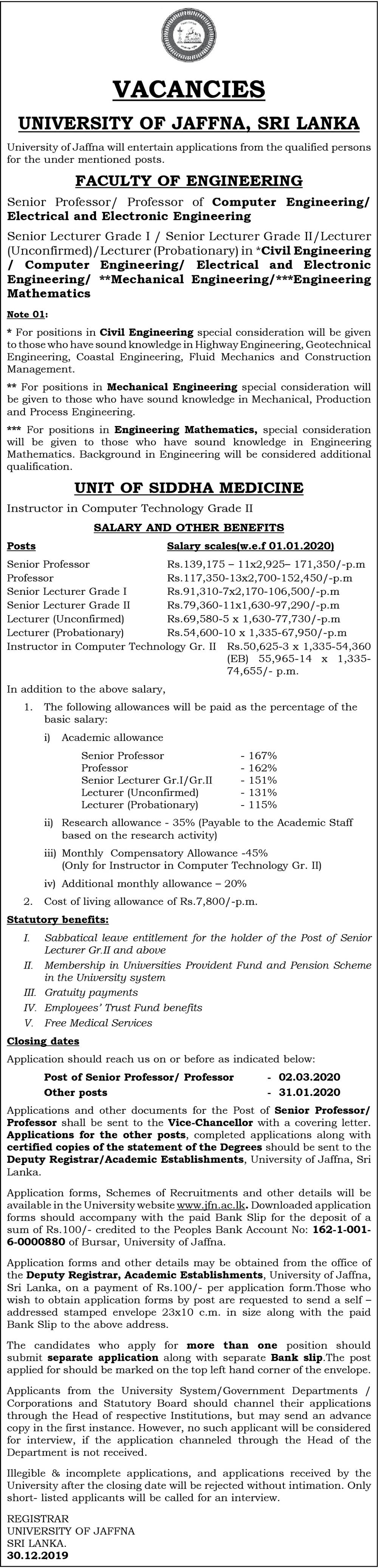 Senior Professor, Professor, Senior Lecturer, Lecturer, Instructor In Computer Technology - University of Jaffna