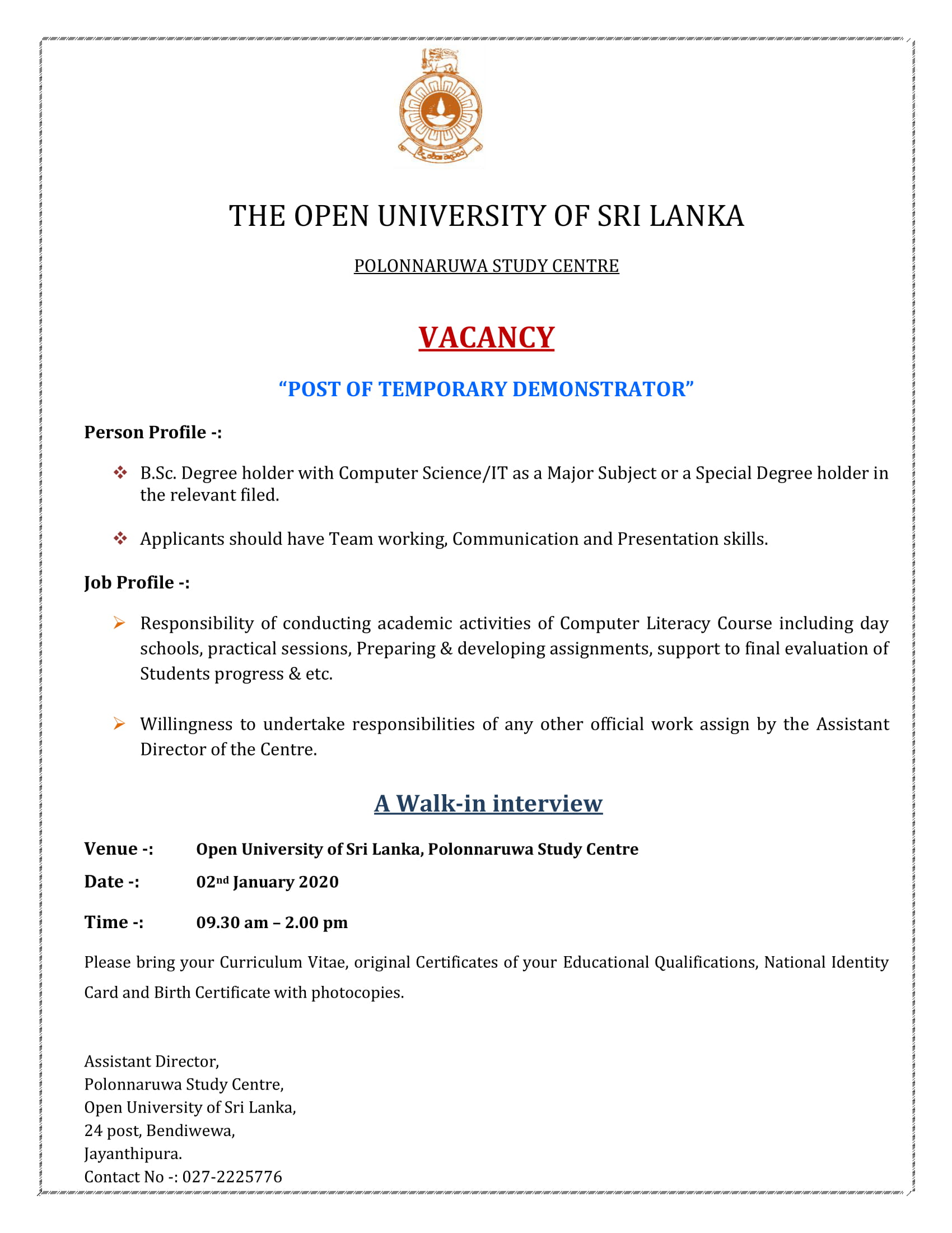 Demonstrator - The Open University of Sri Lanka