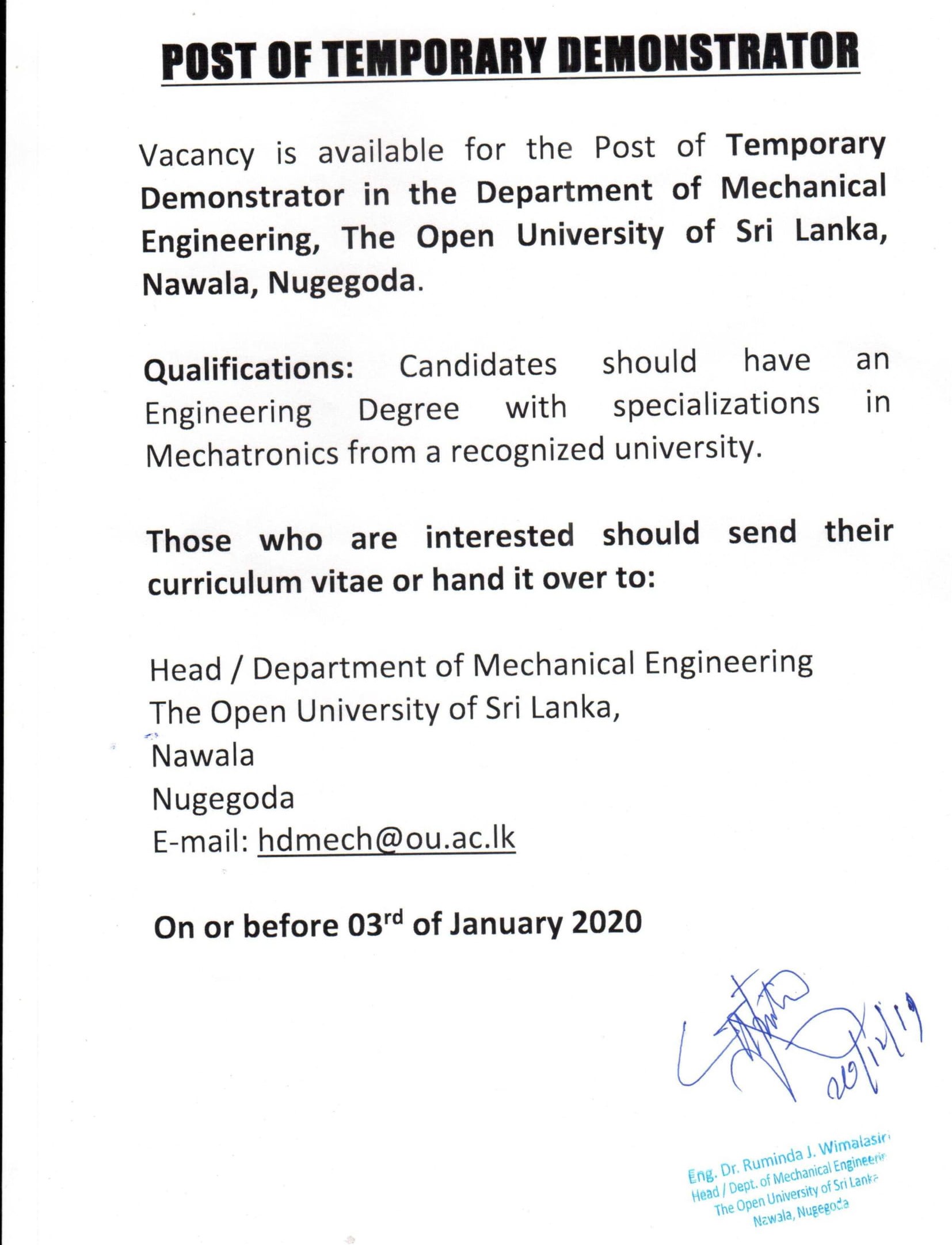 Project Assistant, Demonstrator - The Open University of Sri Lanka