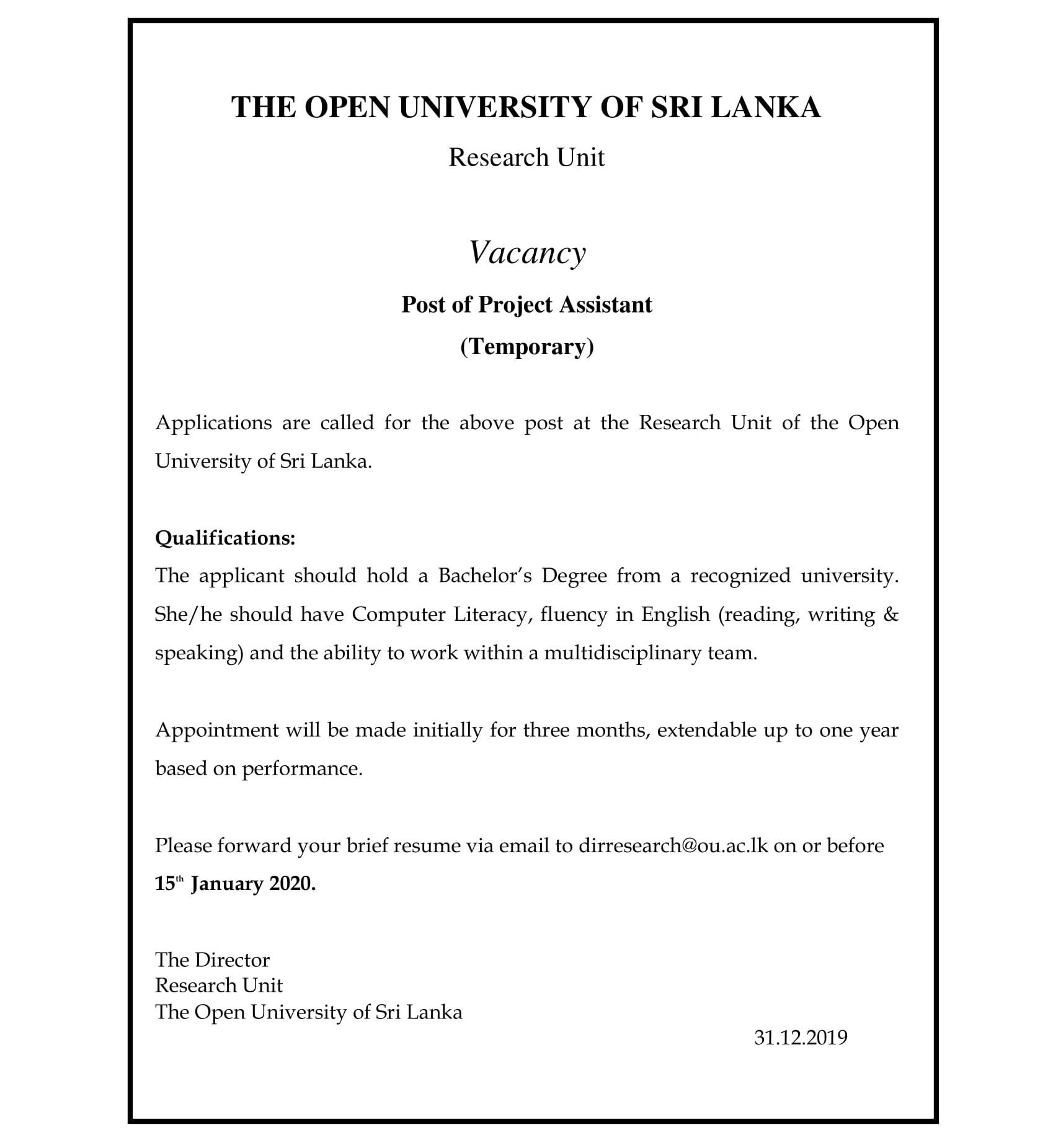 Project Assistant - The Open University of Sri Lanka