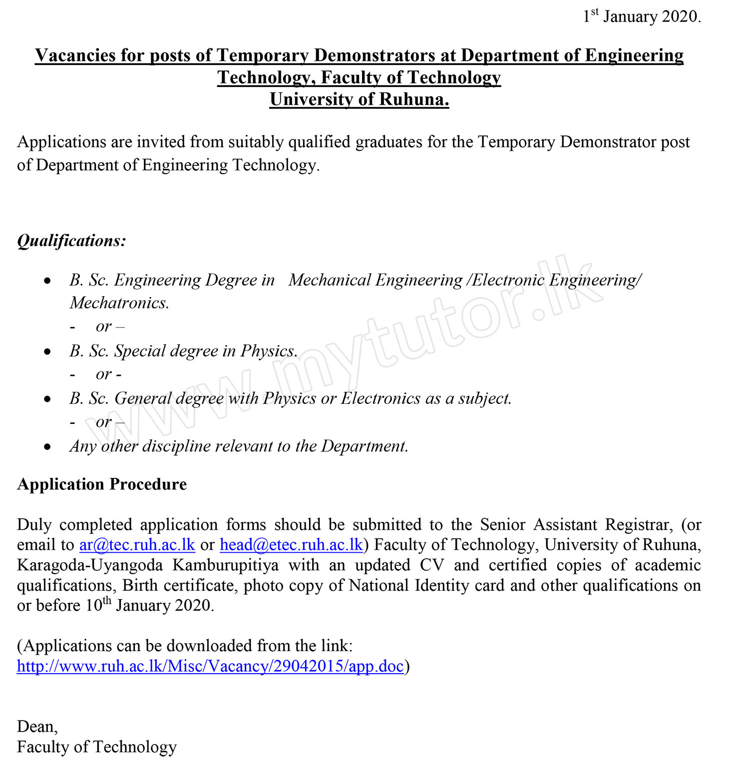 Demonstrator - University of Ruhuna