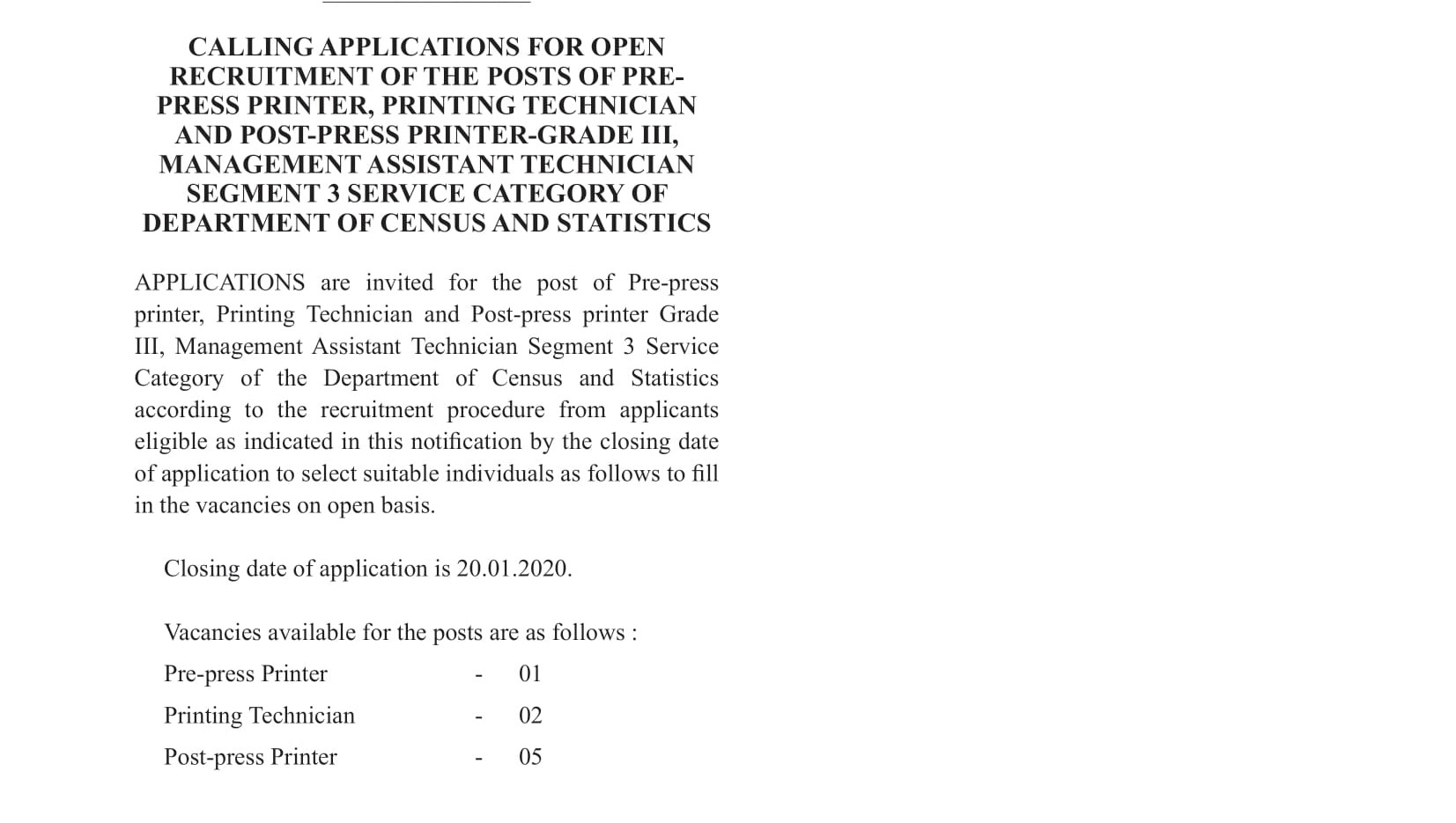 Pre Press Printer, Printing Technician, Post Press Printer - Department of Census and Statistics