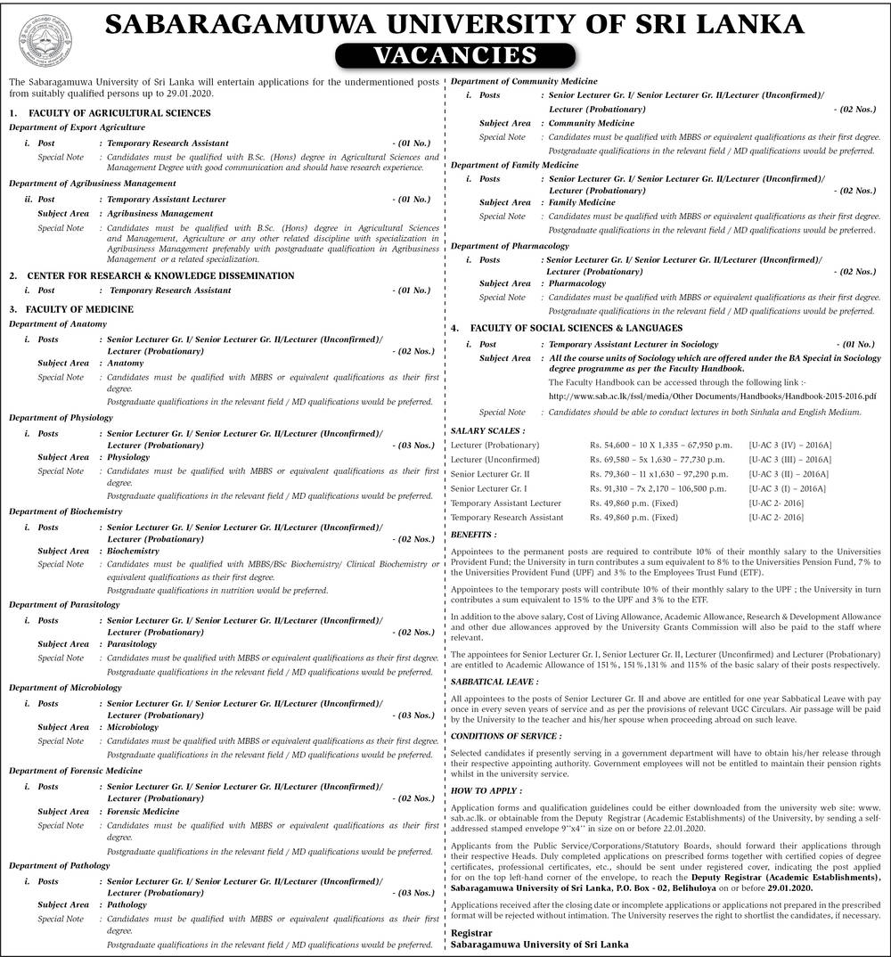 Lecturer, Senior Lecturer, Assistant Lecturer, Research Assistant - Sabaragamuwa University