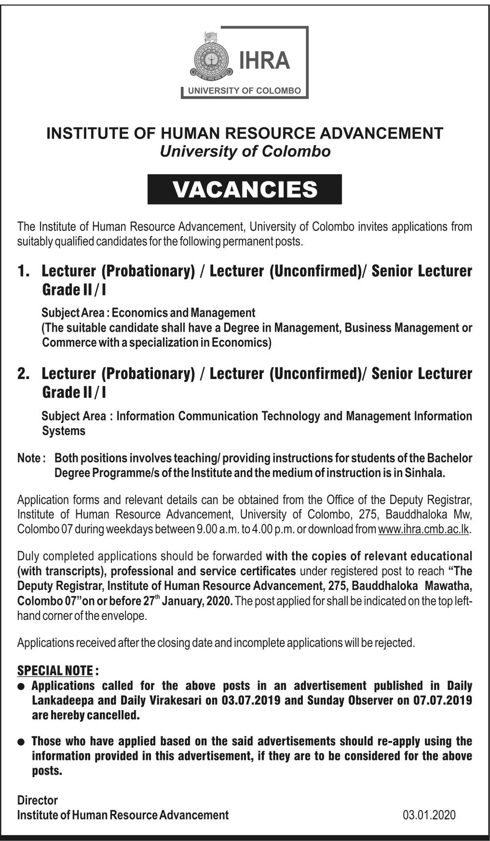 Lecturer, Senior Lecturer - Institute of Human Resource Advancement - University of Colombo