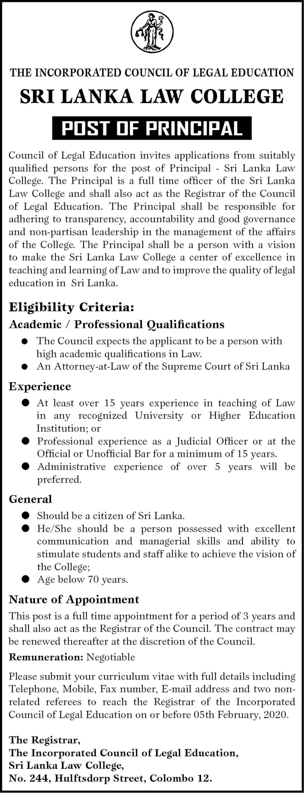 Principal - Sri Lanka Law College