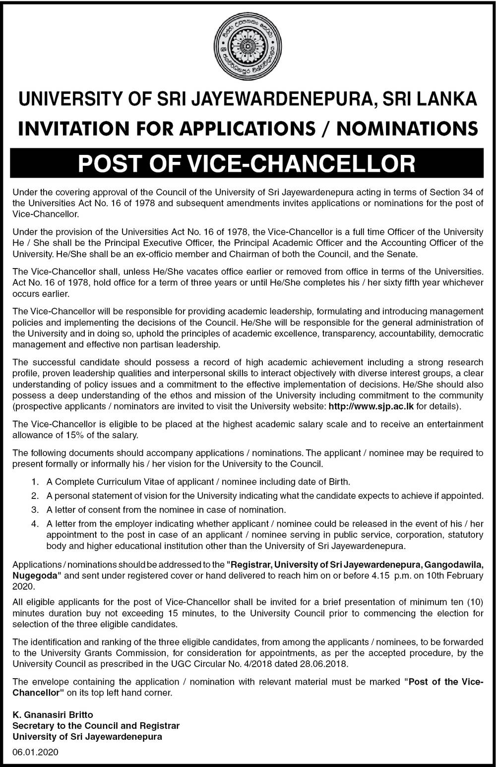 Vice Chancellor - University of Sri Jayewardenepura