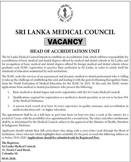 Head of Accreditation Unit - Sri Lanka Medical Council