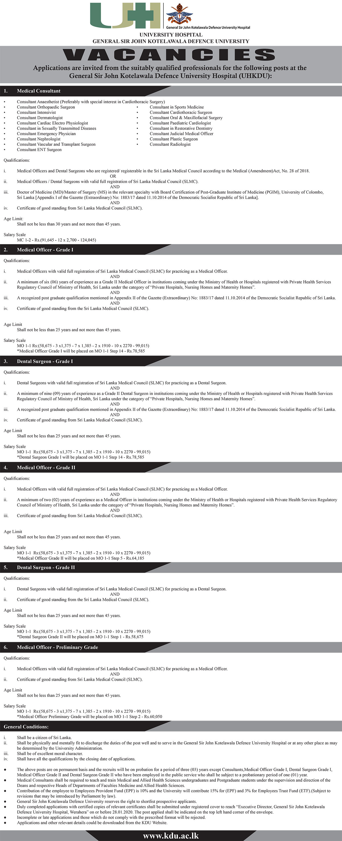 Medical Consultant, Medical Officer, Dental Surgeon - University Hospital - General Sir John Kotelawala Defence University