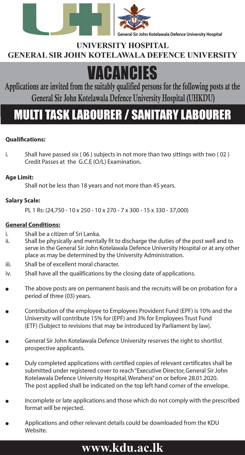 Multi Task Labourer, Sanitary Labourer - University Hospital - General Sir John Kotelawala Defence University