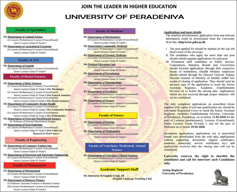 Lecturer, Senior Lecturer, Professor, Instructor in English - University o Peradeniya