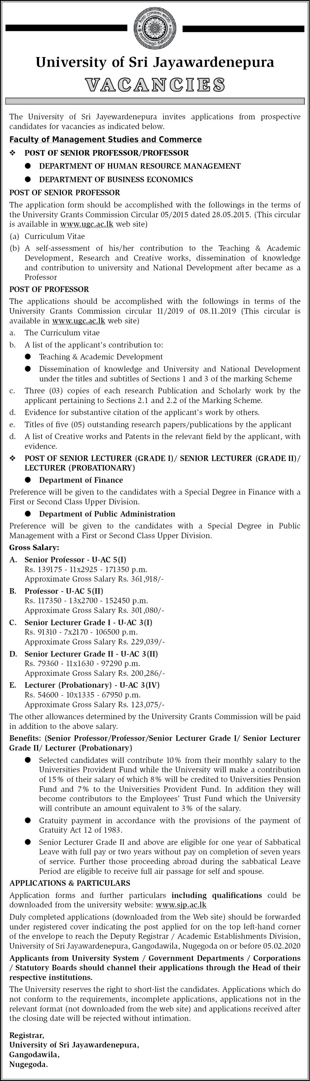 Senior Professor, Professor, Senior Lecturer, Lecturer - University of Sri Jayewardenepura