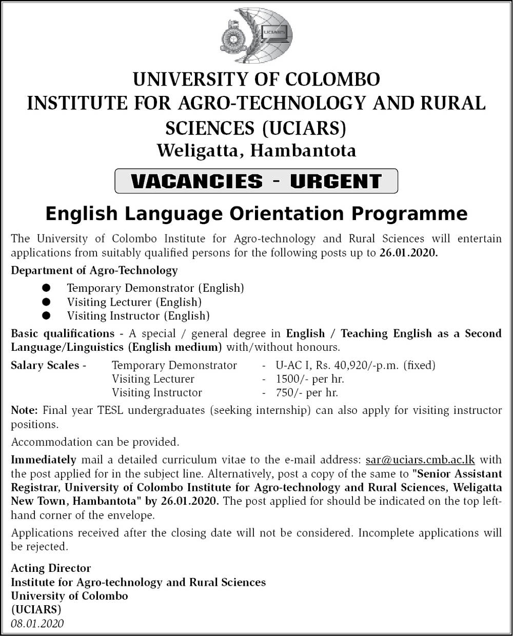 Demonstrator, Visiting Lecturer, Visiting Instructor - University of Colombo