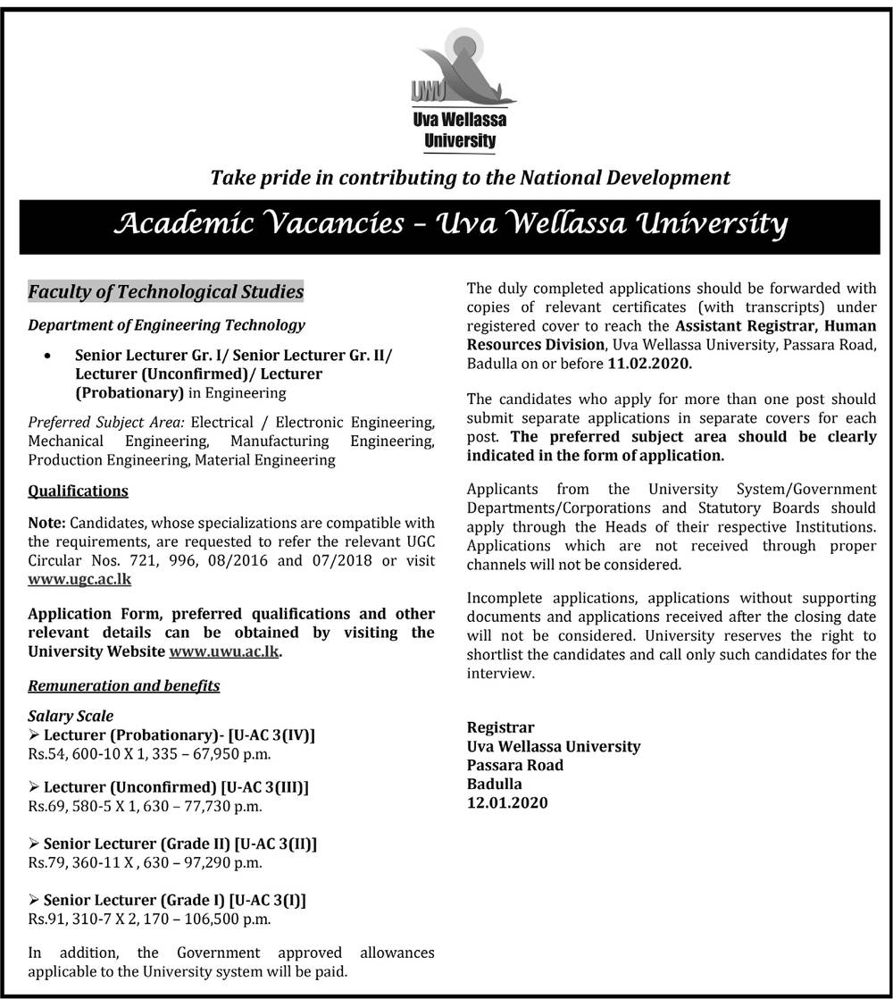 Lecturer, Senior Lecturer - Uva Wellassa University