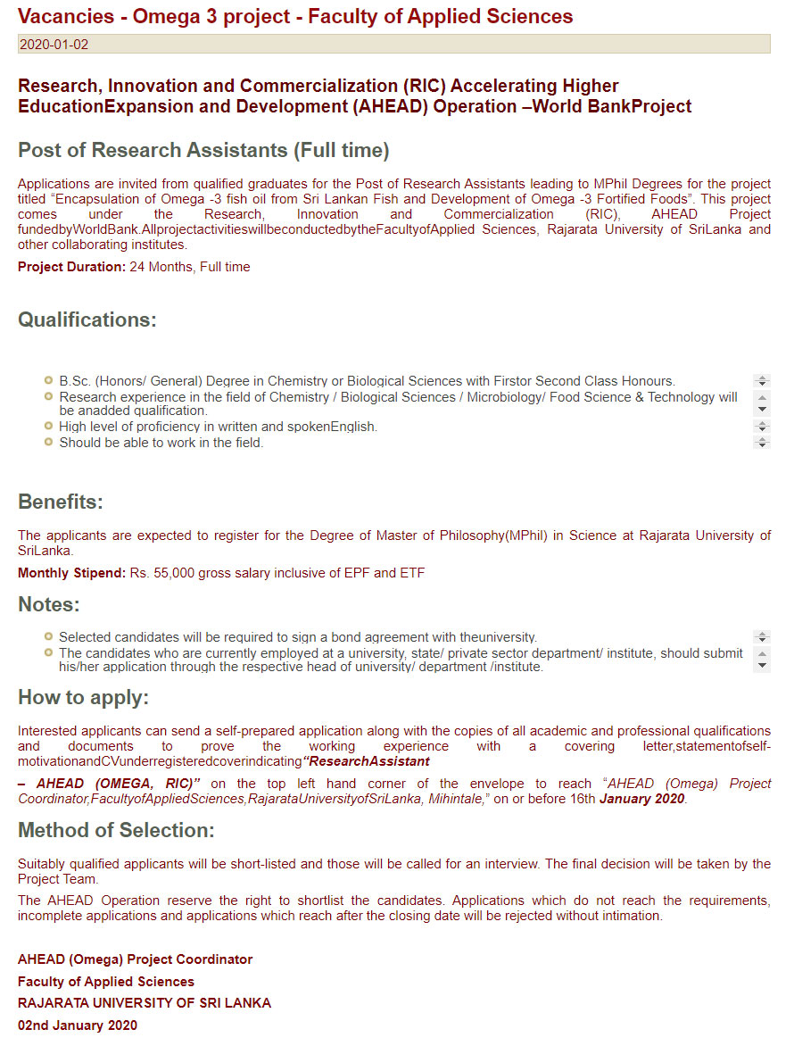 Research Assistant - Rajarata University of Sri Lanka