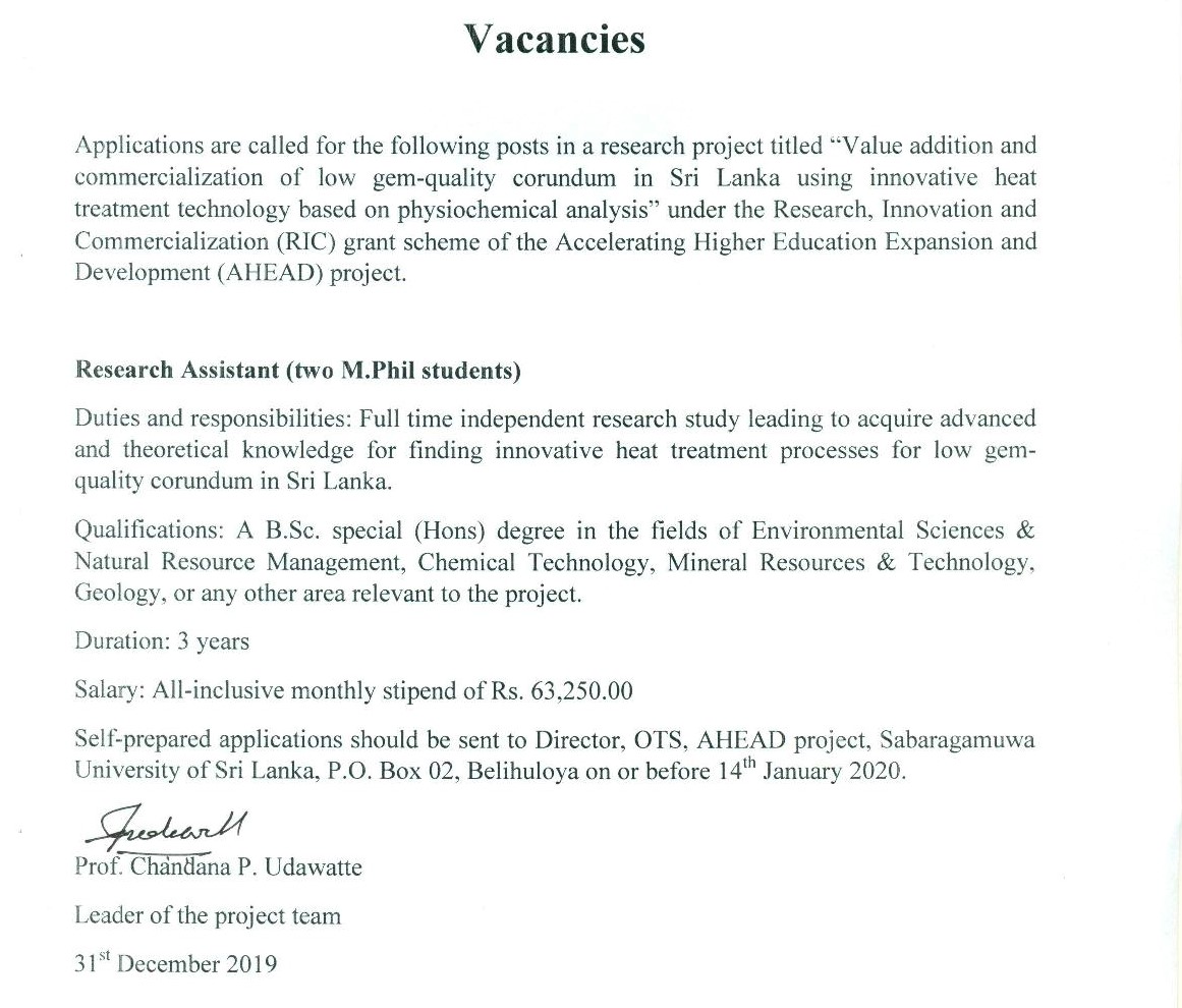 Research Assistant - Sabaragamuwa University of Sri Lanka