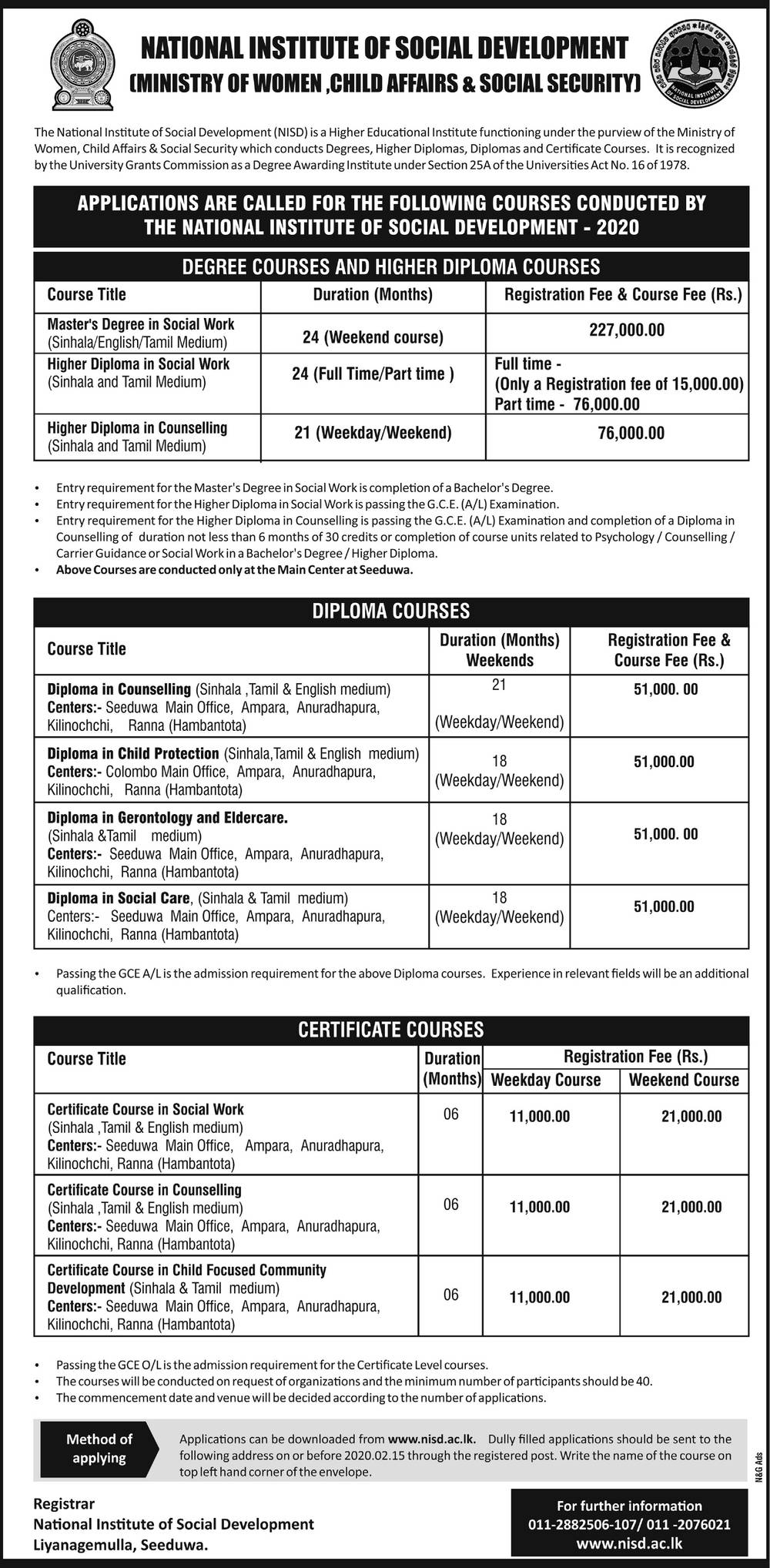 Applications are called for the Following Courses - National Institute of Social Development