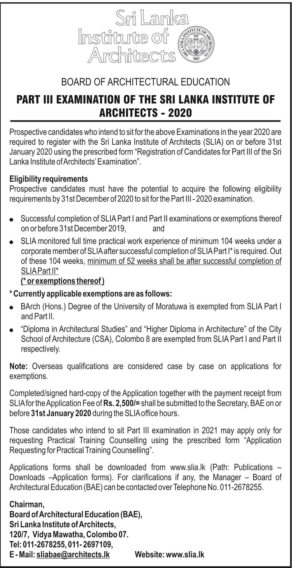 Part III Examination of the Sri Lanka Institute of Architects - Board of Architectural Education - Sri Lanka Institute of Architects